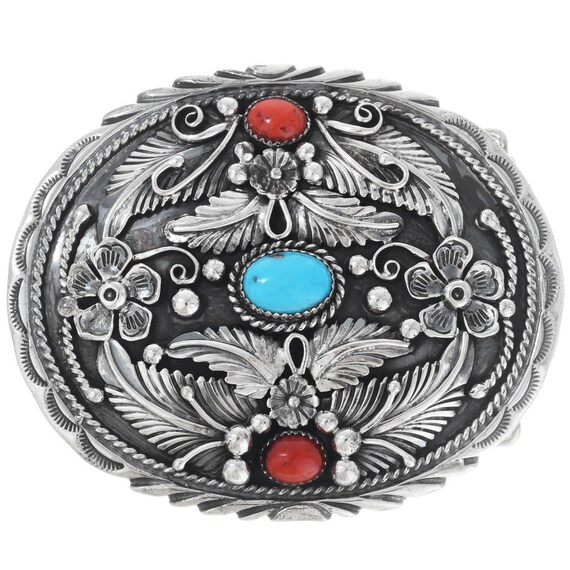 Old Navajo Sterling Silver Turquoise Coral Buckle Mexico Leather Belt