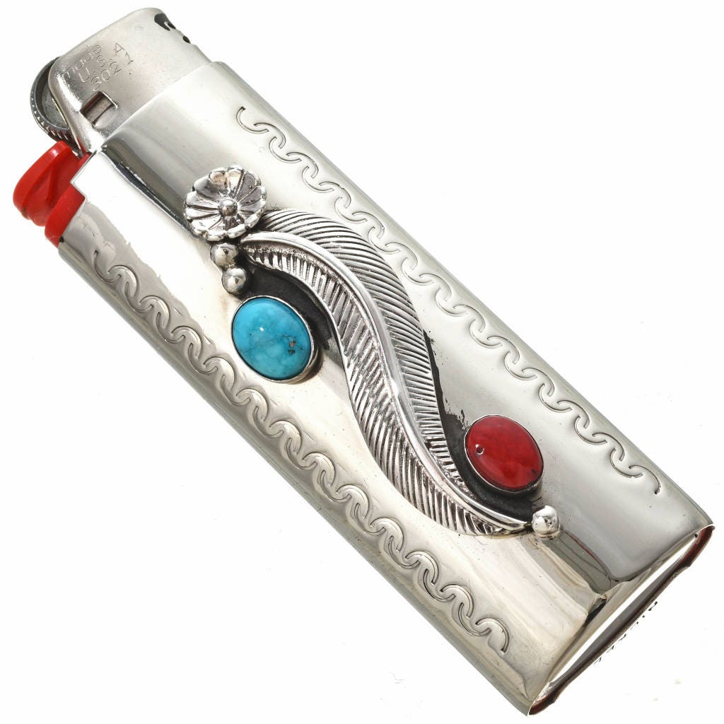 Silver Lighter Case Cover Navajo Turquoise Coral Design Etsy
