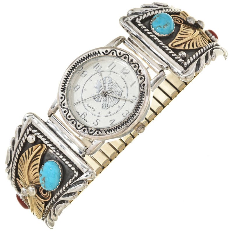 Navajo Mens Turquoise Coral Watch Gold Silver Tips Native Etsy