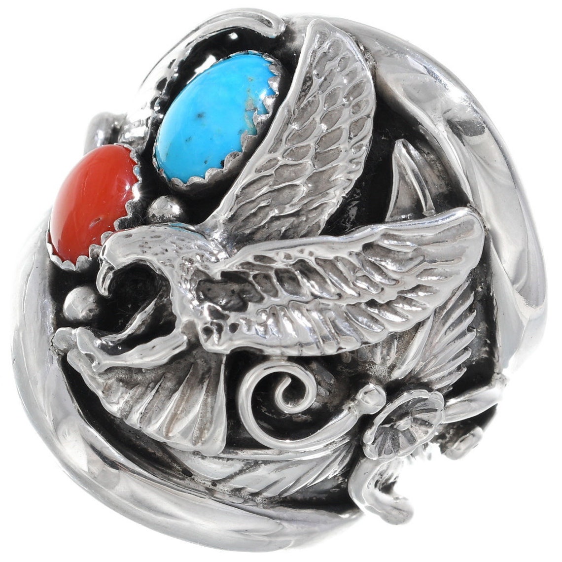 Navajo Silver Eagle Mens Ring Turquoise Coral Any Size 0050 Etsy