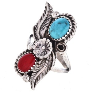 Navajo Turquoise Coral Silver Ladies Ring Sterling Leaf Flower 5-1/2 to 10 Sizes 1448