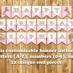 Unicorn / Princess Customizable Birthday Banner Instant Download Unicorn Princess Banner includes letters A-Z, numbers 0-9 and 12 Ends image 1