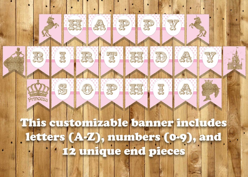 Unicorn / Princess Customizable Birthday Banner Instant Download Unicorn Princess Banner includes letters A-Z, numbers 0-9 and 12 Ends image 1