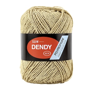May include: A ball of beige polypropylene yarn with a black label that reads "SUN DENDY POLYPROPYLENE DENDY COLLECTION SUN".