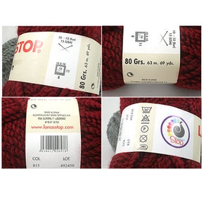 Puede incluir: Una madeja de hilo rojo oscuro con una etiqueta blanca que dice "80 Grs. 63 m. 69 yds." y "Lanastop" con un logotipo colorido. La etiqueta tambi&eacute;n incluye instrucciones de cuidado y el texto "Hecho en Espa&ntilde;a".