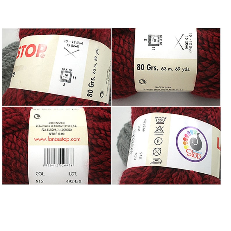 Puede incluir: Una madeja de hilo rojo oscuro con una etiqueta blanca que dice "80 Grs. 63 m. 69 yds." y "Lanastop" con un logotipo colorido. La etiqueta tambi&eacute;n incluye instrucciones de cuidado y el texto "Hecho en Espa&ntilde;a".
