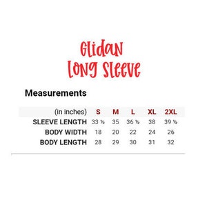 K&ouml;nnte beinhalten: Wei&szlig;er Hintergrund mit dem Text "Glidan Long Sleeve" in Rot. Darunter eine Tabelle mit Ma&szlig;en in Zoll f&uuml;r &Auml;rmell&auml;nge, K&ouml;rperbreite und K&ouml;rperl&auml;nge, mit Gr&ouml;&szlig;en von S bis 2XL.