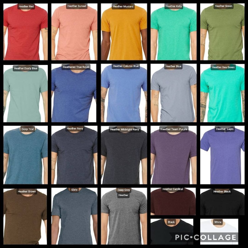 May include: A collage of various heathered t-shirts in a range of colors, including red, orange, yellow, green, blue, purple, and gray. Each shirt is displayed on a person, showcasing the different hues and styles.