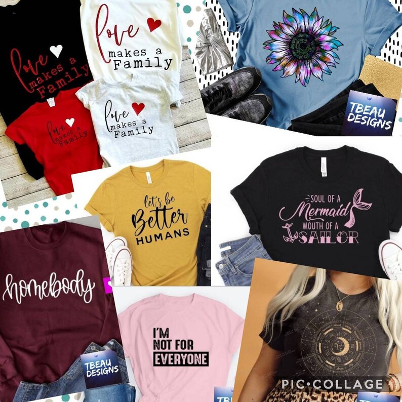 K&ouml;nnte beinhalten: Eine Sammlung von Grafik-T-Shirts in verschiedenen Farben, darunter Schwarz, Rot, Wei&szlig;, Gelb und Rosa. Designs zeigen S&auml;tze wie "Liebe macht eine Familie", "Lasst uns bessere Menschen sein" und "Ich bin nicht f&uuml;r jeden". Andere Shirts haben ein Sonnenblumen-, Meerjungfrauen- und Tierkreiszeichen-Design.