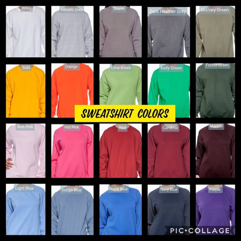 K&ouml;nnte beinhalten: Eine Collage von Sweatshirts in verschiedenen Farben, darunter Wei&szlig;, Grau, Orange, Gr&uuml;n, Rosa, Rot, Blau und Lila. Jedes Sweatshirt wird mit seinem Farbnamen angezeigt, wie "Wei&szlig;" und "Athletic Grey". Der Text "SWEATSHIRT COLORS" ist ebenfalls sichtbar.