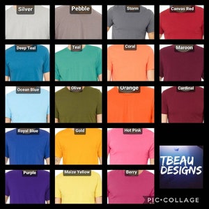 K&ouml;nnte beinhalten: Eine Collage von T-Shirts in verschiedenen Farben, darunter Silber, Kiesel, Sturm, Leinwandrot, Tiefpetrol, T&uuml;rkis, Koralle, Burgunderrot, Ozeanblau, Olive, Orange, Kardinal, K&ouml;nigsblau, Gold, Pink, Lila, Maisgelb und Beere. Der Text "TBEAU DESIGNS" ist sichtbar.
