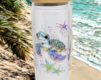 Sea Turtle Tumbler, Sea Life Tumbler, Ocean Themed Tumbler w/ Straw, Tropical Glass Tumbler, Ocean Life Tumbler, Rainbow Sea Turtle Tumbler