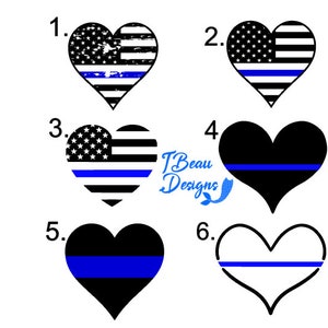 May include: A collection of heart-shaped designs featuring the American flag and a blue line, symbolizing support. The designs include variations with the flag's stars and stripes, and solid black hearts with a blue line. The text "TBeau Designs" is also present.