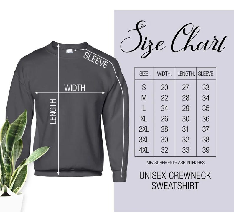 May include: A dark gray unisex crewneck sweatshirt with a size chart. The chart shows measurements in inches for width, length, and sleeve length, ranging from size small to 4XL. The text "Size Chart" is at the top.
