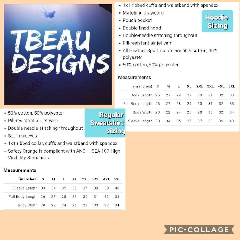 K&ouml;nnte beinhalten: Grafik mit dem Text "TBEAU DESIGNS" in Wei&szlig; auf einem dunkelblauen Farbverlaufshintergrund. Das Bild enth&auml;lt Gr&ouml;&szlig;entabellen f&uuml;r Hoodies und Sweatshirts mit Ma&szlig;angaben in Zoll und Stoffdetails.