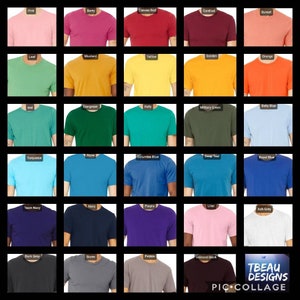 May include: A collage of t-shirts in various colors, including pink, red, yellow, green, and blue. Each shirt is displayed with a color label, such as "Pink," "Berry," and "Canvas Red." The image also includes the text "TBEAU DESIGNS."