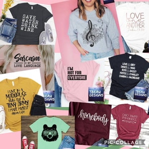 K&ouml;nnte beinhalten: Eine Collage aus verschiedenen T-Shirts und einem Sweatshirt, jeweils mit einzigartigen Designs und Texten. Die Shirts zeigen S&auml;tze wie "Save Water Drink Wine", "Sarcasm is my Love Language" und "I'm Not For Everyone". Andere Shirts haben Grafikdesigns und Text.
