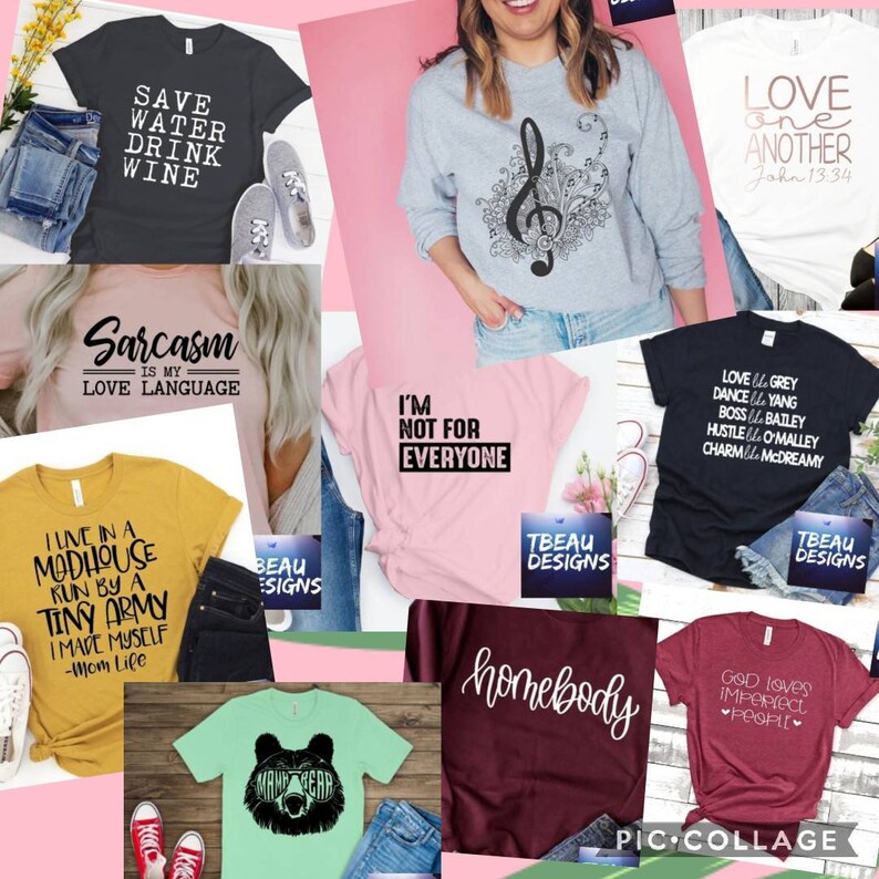 K&ouml;nnte beinhalten: Eine Collage aus verschiedenen T-Shirts und einem Sweatshirt, jeweils mit einzigartigen Designs und Texten. Die Shirts zeigen S&auml;tze wie "Save Water Drink Wine", "Sarcasm is my Love Language" und "I'm Not For Everyone". Andere Shirts haben Grafikdesigns und Text.