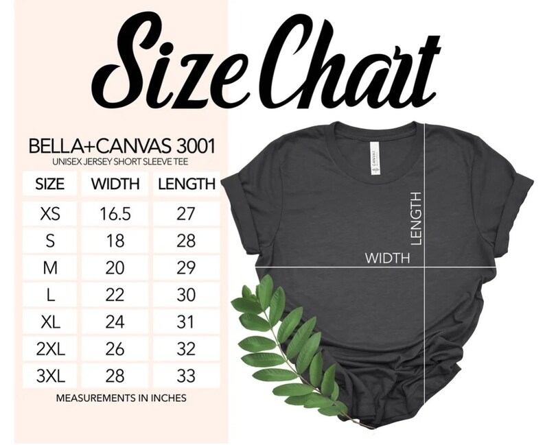 K&ouml;nnte beinhalten: Eine Gr&ouml;&szlig;entabelle f&uuml;r ein Unisex-Jersey-Kurzarm-T-Shirt mit Ma&szlig;en in Zoll. Die Tabelle enth&auml;lt die Gr&ouml;&szlig;en XS bis 3XL mit den entsprechenden Breiten- und L&auml;ngenma&szlig;en. Das Shirt ist dunkelgrau, mit einem gr&uuml;nen Zweig in der Ecke.