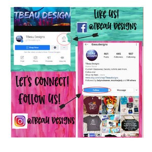 K&ouml;nnte beinhalten: Eine Collage von Social-Media-Grafiken f&uuml;r TBeau Designs. Enth&auml;lt eine Facebook-Grafik mit "Like Us!" und Instagram- und Etsy-Grafiken mit "Follow Us!". Die Etsy-Grafik zeigt einen "Shop Now"-Button und Produktbilder.