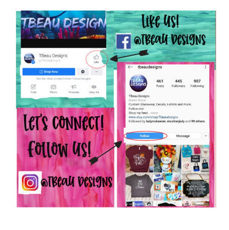 K&ouml;nnte beinhalten: Eine Collage von Social-Media-Grafiken f&uuml;r TBeau Designs. Enth&auml;lt eine Facebook-Grafik mit "Like Us!" und Instagram- und Etsy-Grafiken mit "Follow Us!". Die Etsy-Grafik zeigt einen "Shop Now"-Button und Produktbilder.