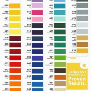 Op de afbeelding: Kleurenkaart met een breed scala aan tinten, van violet tot beige. Elke kleur is gemarkeerd met een nummer en naam, zoals "010 wit" en "031 rood". De kaart bevat ook de tekst "Series 651 Intermediate Cal Proven Results."