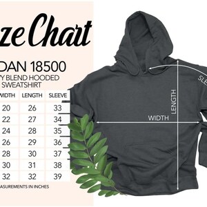 May include: A size chart for a Gildan 18500 heavy blend hooded sweatshirt. The chart shows measurements in inches for sizes S to 4XL. The sweatshirt is dark gray, with measurements for width, length, and sleeve length.