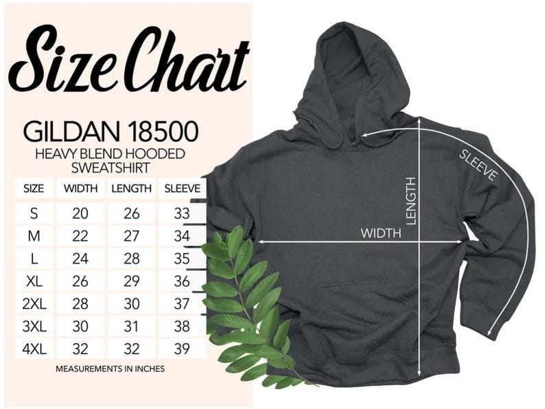 May include: A size chart for a Gildan 18500 heavy blend hooded sweatshirt. The chart shows measurements in inches for sizes S to 4XL. The sweatshirt is dark gray, with measurements for width, length, and sleeve length.