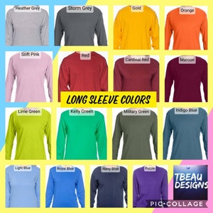 K&ouml;nnte beinhalten: Eine Collage von lang&auml;rmeligen Shirts in verschiedenen Farben, darunter Hellgrau, Gold, Orange, Rot und Lila. Der Text "LONG SLEEVE COLORS" ist gelb dargestellt. Das Bild enth&auml;lt auch das Logo von TBEAU DESIGNS.