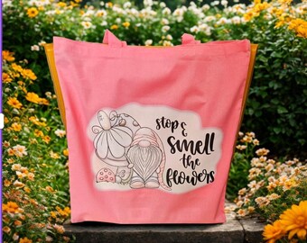 Stop & Smell The Flowers Tote Bag | Gnome Gifts | Gnome Tote Bag | Teacher Gift Bag | Cute Tote Bag | Reusable Grocery Tote | Garden Gnome