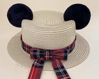 Disney VIP Tour Plaid Mickey Ear Straw Hat | Guest Relations Plaid Mickey Ear Boater Hat | Handmade Mickey Minnie Ear Sun Hat