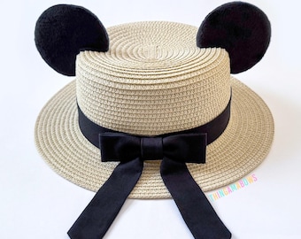 Mickey Straw Hat | Disney Sun Hat | Mickey Ears Hat with Interchangeable Swappable Bow | Handmade Mickey Ears Beach Hat