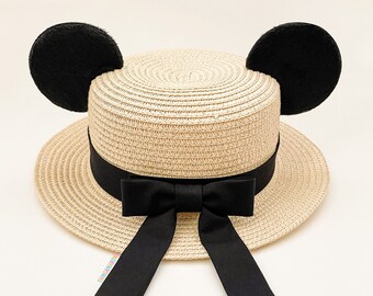 Mickey Ear Straw Hat | Mickey Ear Boater Style Hat | Straw Mickey Ear Hat with Bow | Minnie Ear Hat | Mickey Ear Sun Hat | Mickey Ear Hat