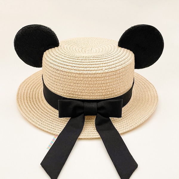 Mickey Ear Straw Hat | Mickey Ear Boater Hat | Mickey Ear Hat with Interchangeable Swappable Bow | Handmade Mickey Minnie Ear Sun Hat