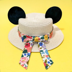 Floral Mickey Ear Straw Hat | Mickey Ear Boater Hat | Mickey Ear Hat with Interchangeable Swappable Bow | Minnie Ear Hat | Mickey Sun Hat