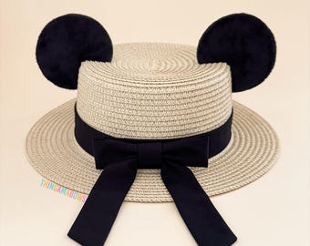 Mickey Ear Straw Hat | Mickey Ear Boater Hat | Mickey Ear Hat with Interchangeable Swappable Bow | Handmade Mickey Minnie Ear Sun Hat