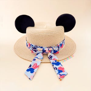 Mickey Ear Straw Hat | Mickey Ear Boater Hat | Mickey Ear Hat with Interchangeable Swappable Bow | Handmade Mickey Minnie Ear Sun Hat