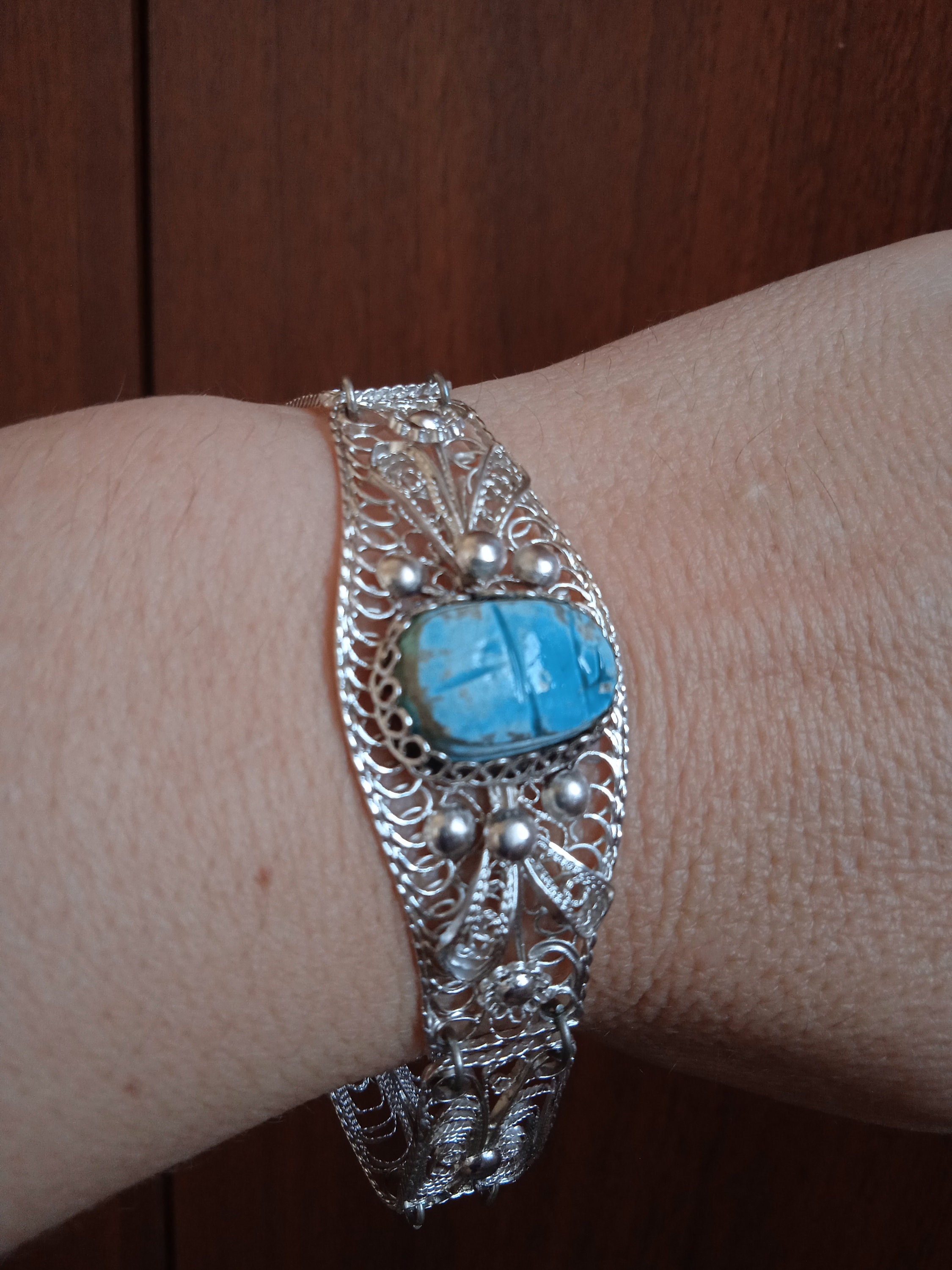 Bracelet Vintage à Motifs Scarabées Égyptiens - Longueur 19-20cm, Bleu Turquoise, Métal