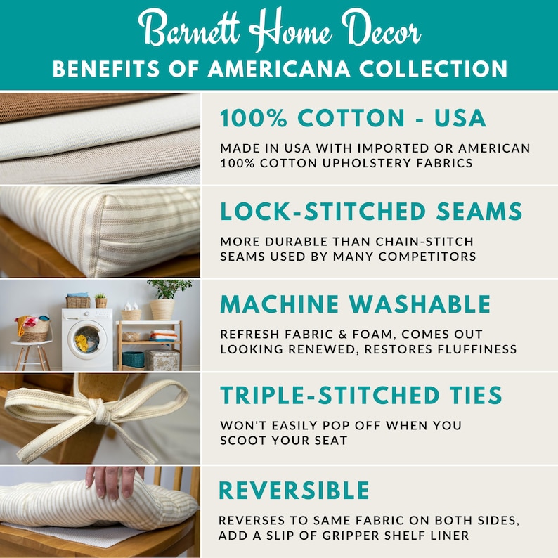 Pu&ograve; includere: Immagine che mostra i vantaggi della collezione Americana di Barnett Home Decor. Include tessuto 100% cotone, cuciture a punto catenella, lavabile in lavatrice, cravatte a tripla cucitura e design reversibile. Il testo evidenzia la durata e la qualit&agrave;.