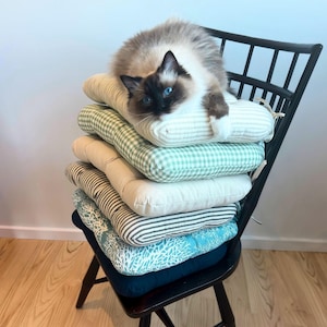 Pu&ograve; includere: Un gatto con gli occhi blu &egrave; sdraiato su una pila di cuscini a fantasia su una sedia nera. I cuscini presentano vari disegni, tra cui righe, quadretti e un motivo a corallo. Il pelo del gatto &egrave; un mix di marrone, bianco e grigio.
