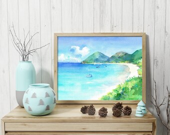 May include: A framed watercolor painting of a tropical island with a white sandy beach, turquoise water, and lush green vegetation. The painting is displayed on a wooden shelf with two decorative vases and pine cones.