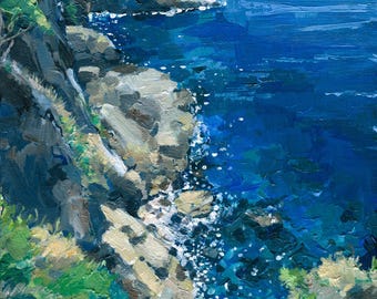 Bay in Croatia, Landscape, Original Acrylic Painting 8 x 12''( 20 x 30 x 1.5 cm), Mountains, Canvas Art, Acrylic Painting, Seascape, Impasto