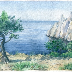 Pino sulle rocce, acquerello originale, 7 x 10'' (18 x 26 cm), paesaggio marino, arredamento del soggiorno