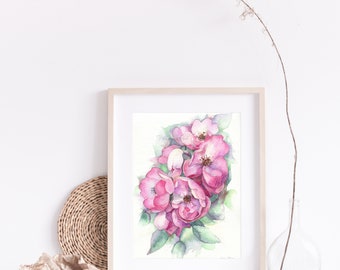 Stampa artistica ad acquerello "Rose rosa", dipinto su tela, stampa artistica, fiori ad acquerello, decorazione per soggiorno, camera da letto (20 x 30 cm) 8 x 12 pollici