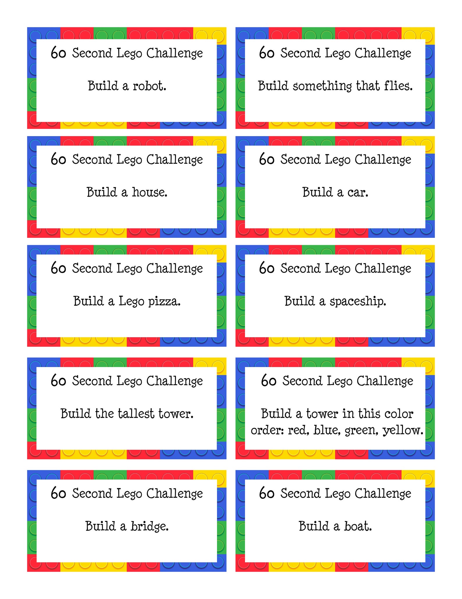 60 Second LEGO Challenges Game - Etsy