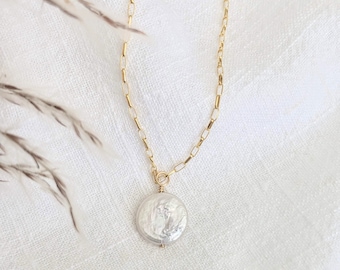 Coin Pearl on 14K Gold Fill Rolo chain, 12 mm genuine freshwater pearl necklace