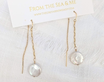 Coin Pearl Threader Earrings, freshwater pearl, 14k gold fill, dangle drop, bridal jewelry