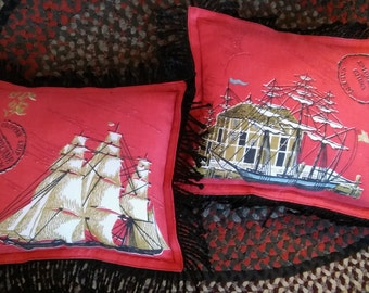 Pr RED SHIP PILLOWS,Repurposed TeaTowel,NauticalClipper Ship Hurricane w Blk Fringe,Empress of China,Red Linen Pillows,Historic Ships Pillow