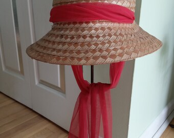 Vint 50's STRAW BEEHIVE HAT, Women's Straw Bucket Hat w/ Red Scarf,Honey Colored Straw