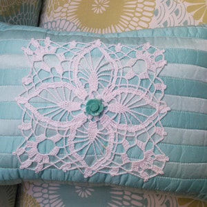 AQUA SATIN PILLOW, Aqua Striped Glam Boudior Cottage Pillow,Crocheted Square Doily,Satin Striped Vint Bedspread,Upcycled Linens Pillow